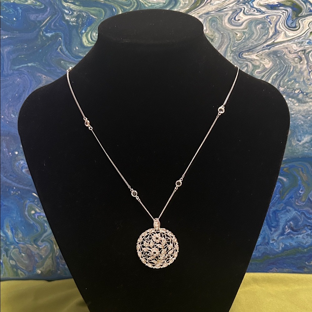 Silvertone Round Floral Filigree Pendant Necklace Clear Blue Rhinestone Crystal